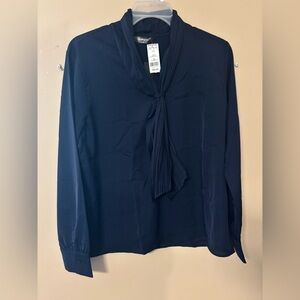 Allegra K Elegant Navy Blouse with Tie Neck